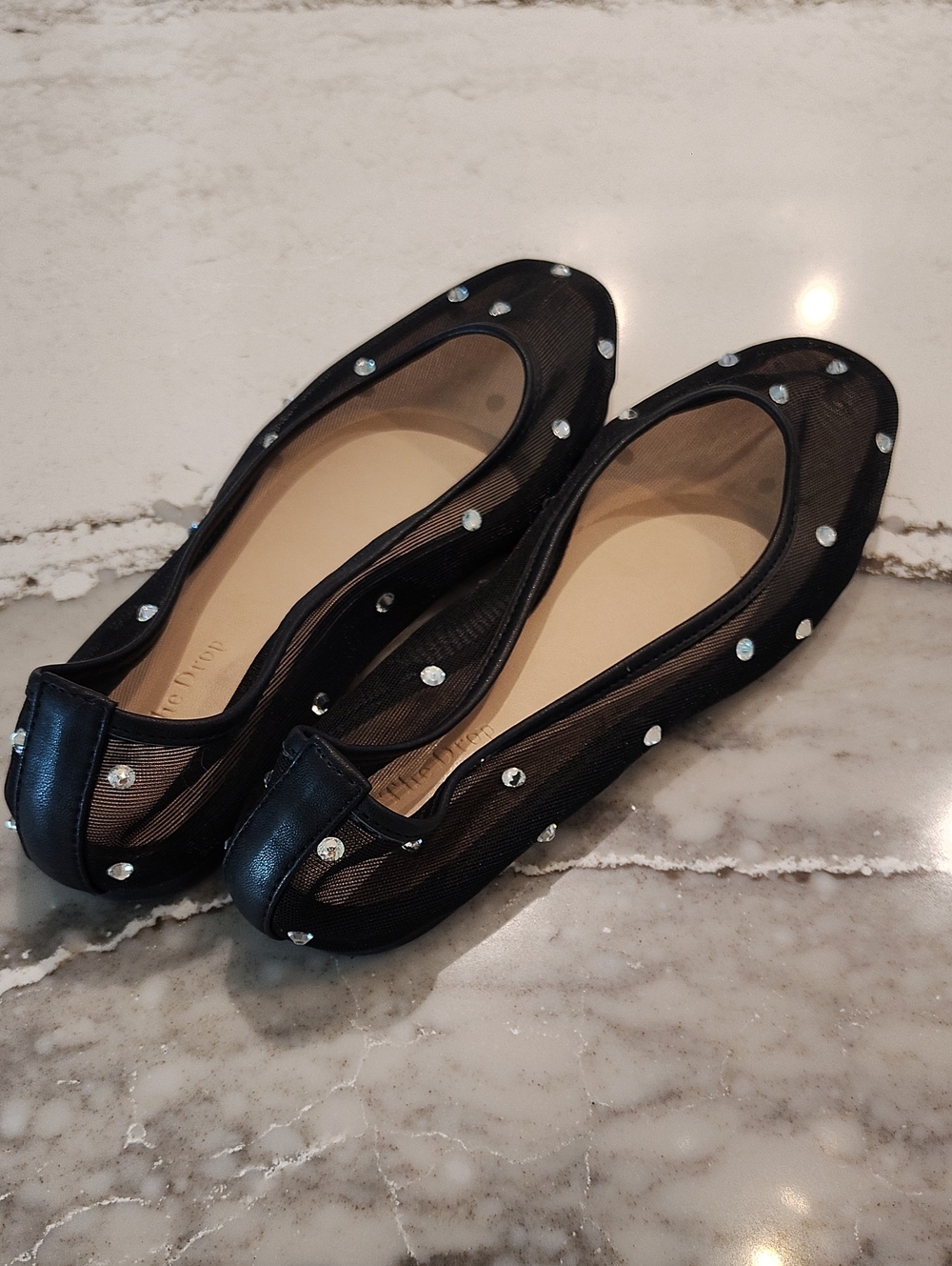 Crystal-Studded Black Mesh Ballet Flats - Women's Loafers 8.5